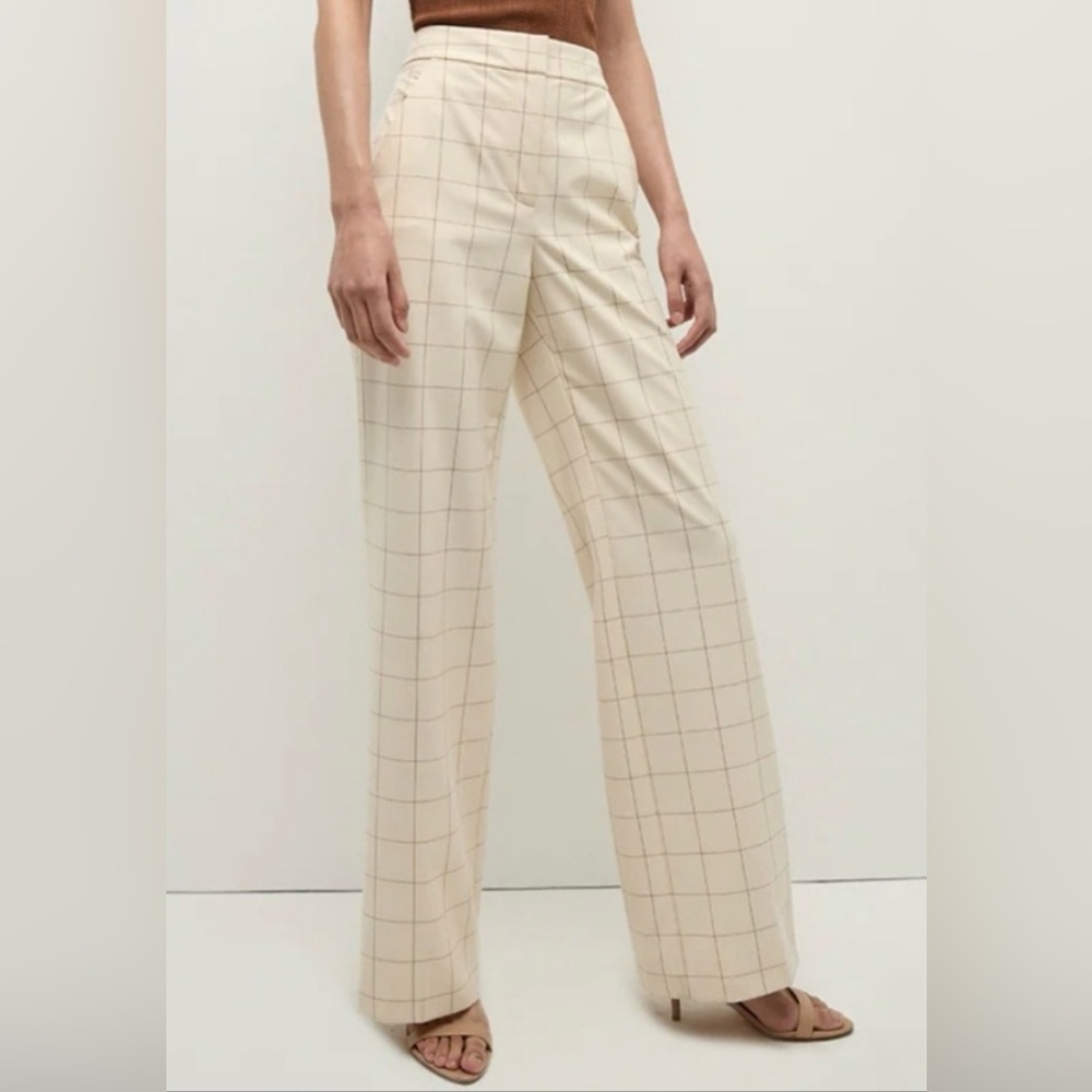 Veronica Beard Tonelli Plaid Cream Windowpane Wide-Leg Trousers, 4 Short